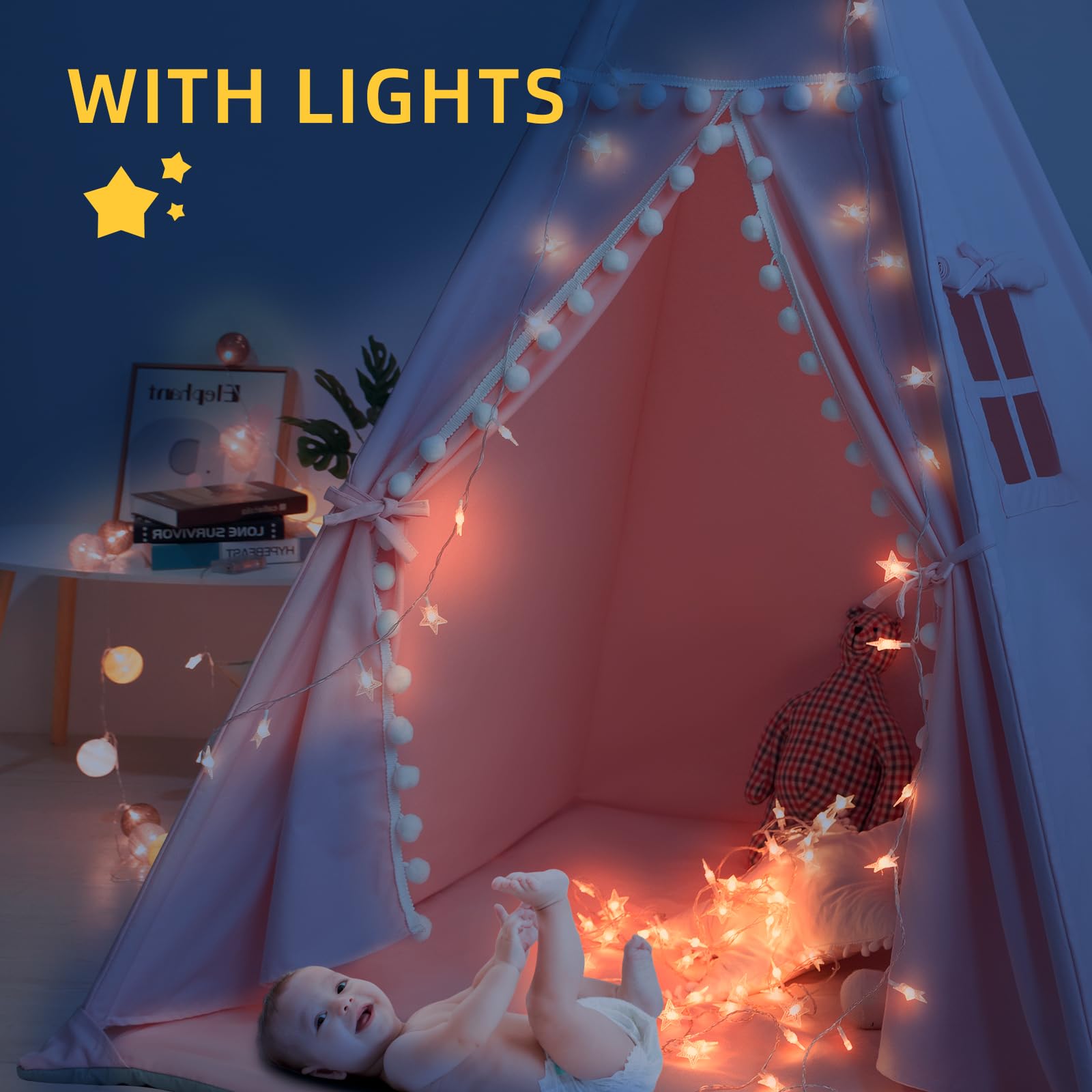 Cotton Canvas Kids Teepee Tent with Mat and Lights