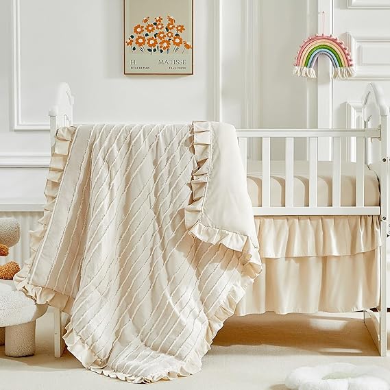 3 Pieces Tufted Stripes Crib Bedding Set with Ruffle Fringe