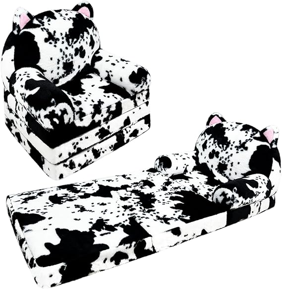 Toddler Chair with Faux Rabbit Fur – 2-in-1 Foldable Kids Couch, Soft Sofa for Reading
