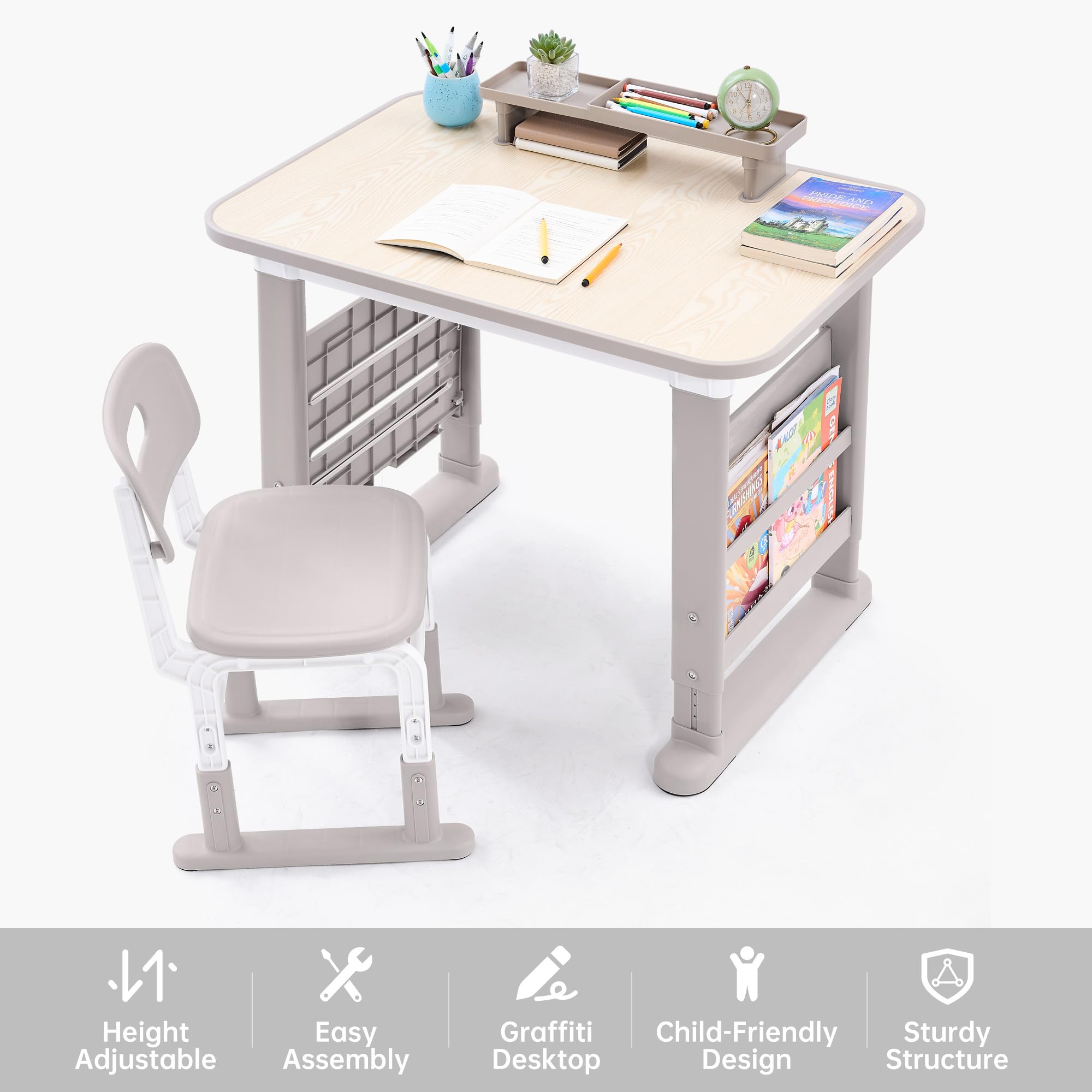 Height Adjustable Kids Desk and Chair Set with Storage