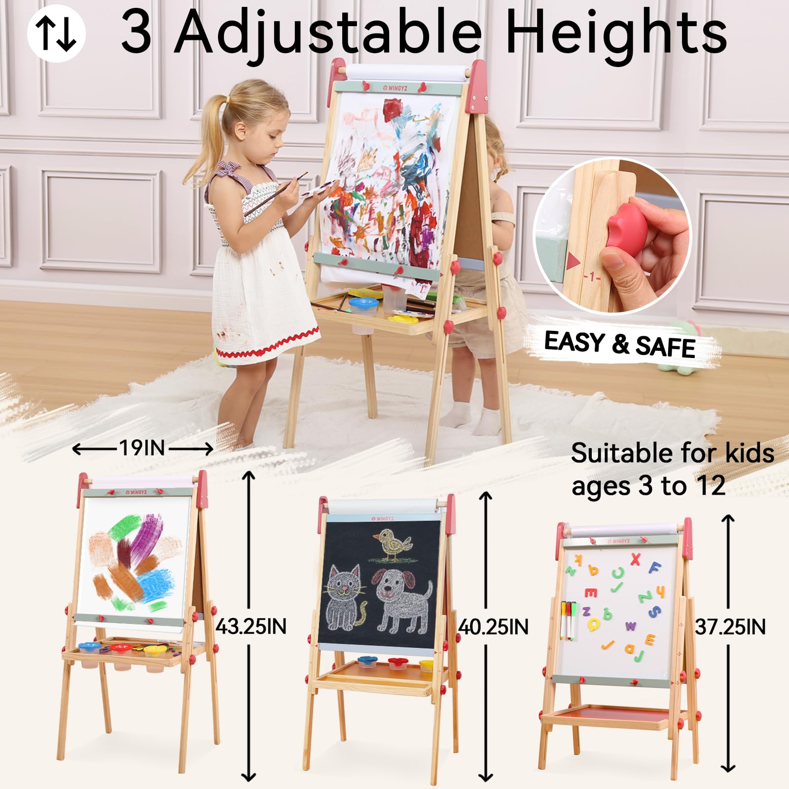 Wingyz 3-in-1 Adjustable Kids Art Easel with Magnetic Whiteboard & Chalkboard - Double-Side Wooden Drawing Board, 3 Paint Pots & Eraser - Creative Gift for Toddlers Ages 2-4, 4-8, 8-12
