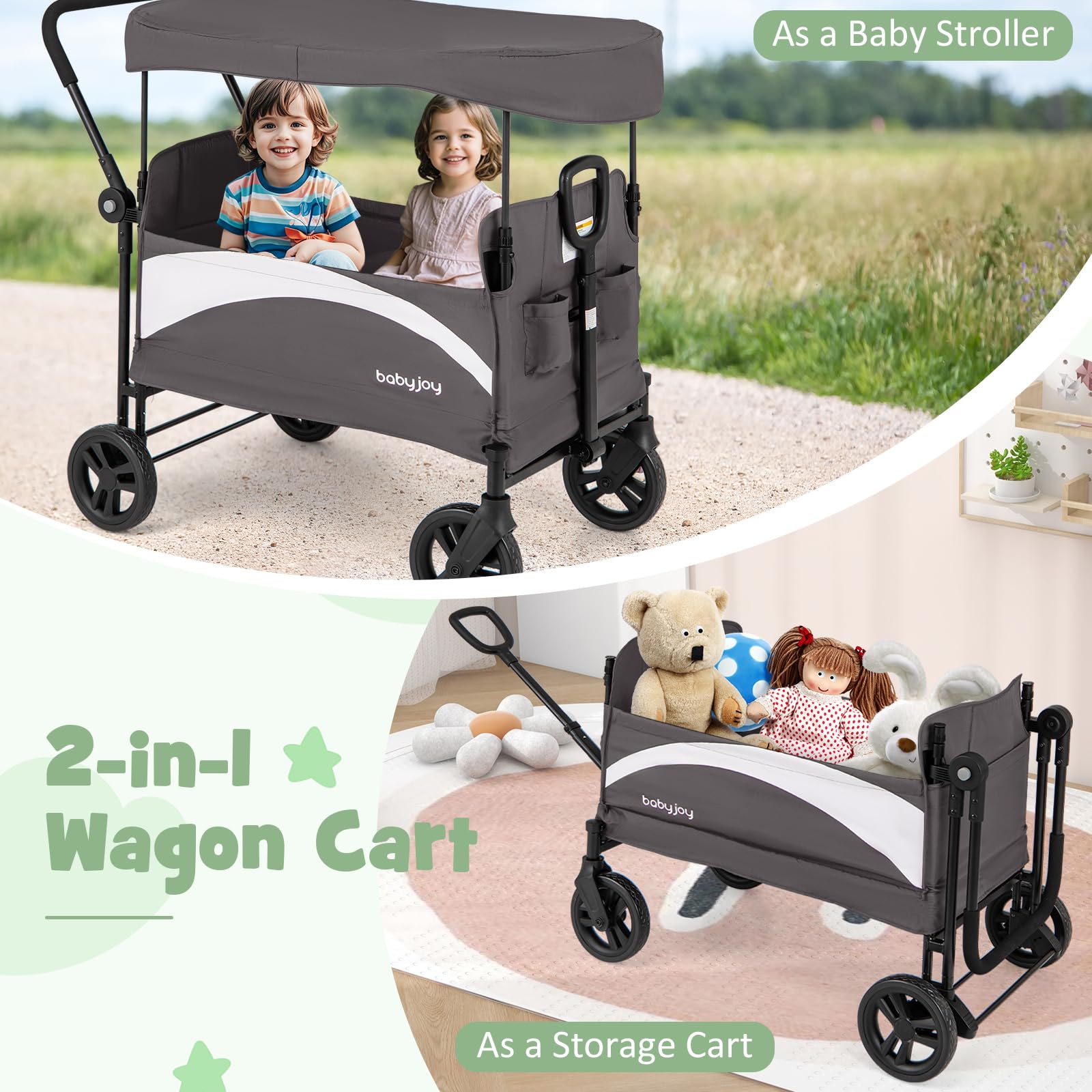 Collapsible Wagon Stroller for 2 Kids with Adjustable Canopy