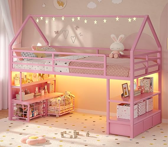 Low Loft Bed Twin Size with 5 Storage Drawers, Twin Loft Bed w