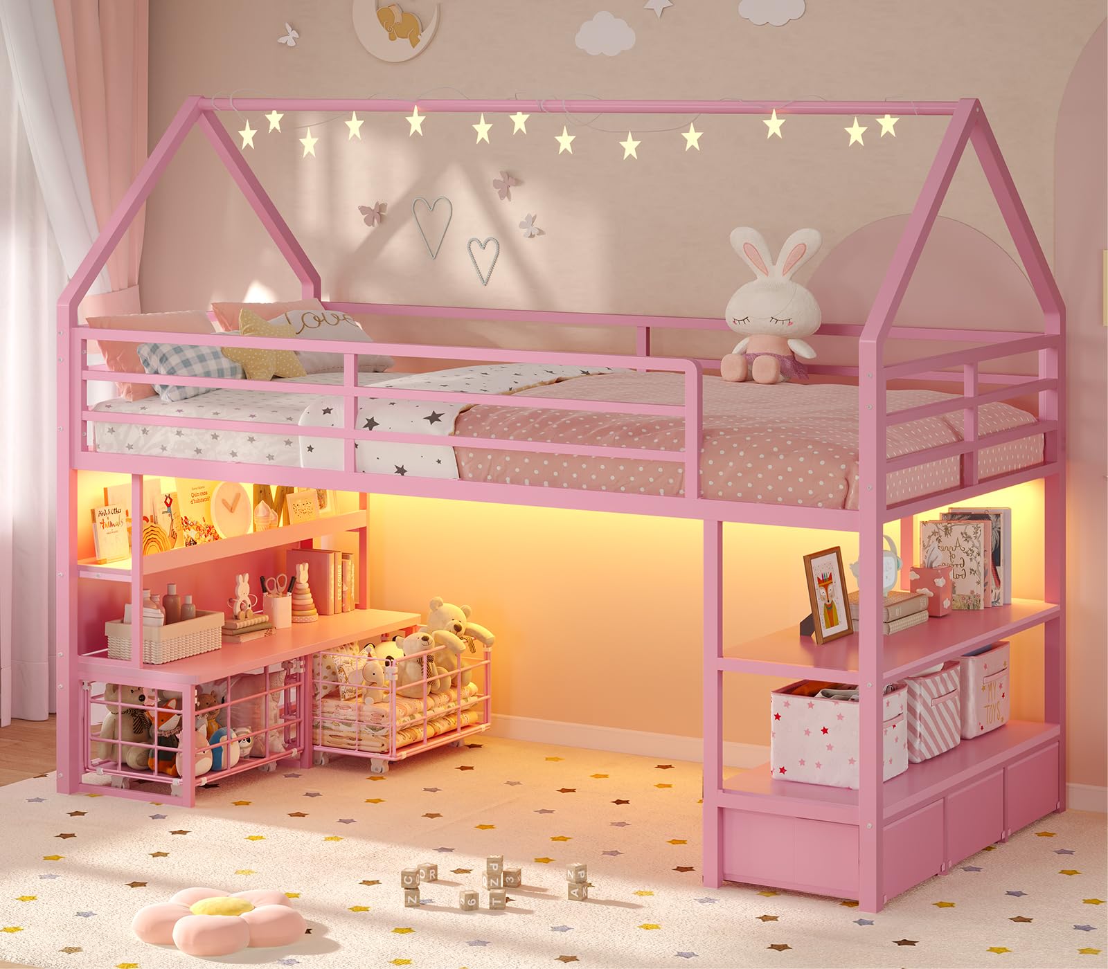 Twin Loft Bed with Storage Drawers and LED Lights