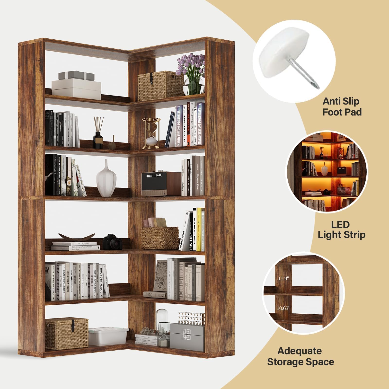 6-Tier Corner Bookshelf with LED Lights