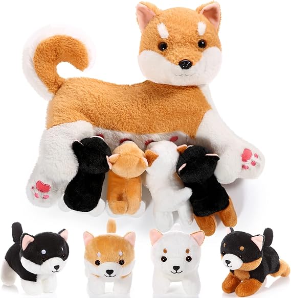 Nurturing Dog Mommy Plush Set with 4 Baby Puppies Soft Cute Dog Themed Stuffed Plush Toys for Kids Girls Boys Easter Birthday Gifts(Dachshund)