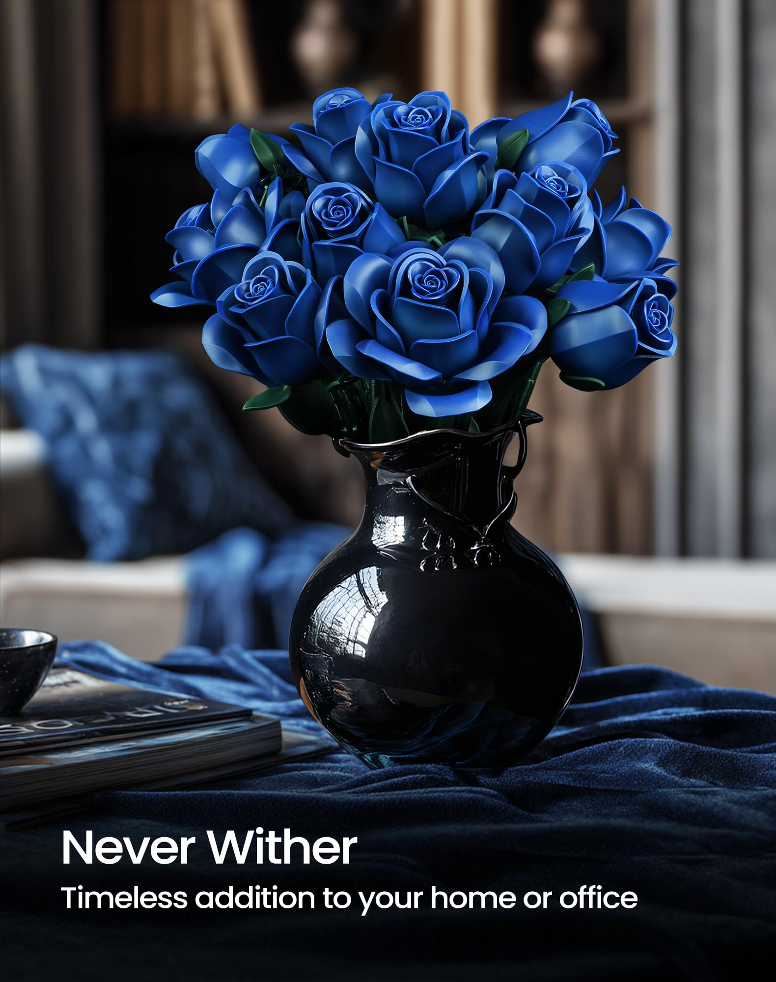 Navy Blue Rose Bouquet Building Set - 12 Piece Botanical Collection