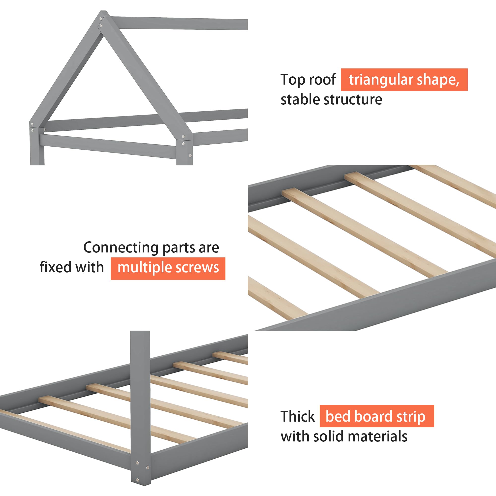 Twin Size Wood House Bed Floor Frame with Slats