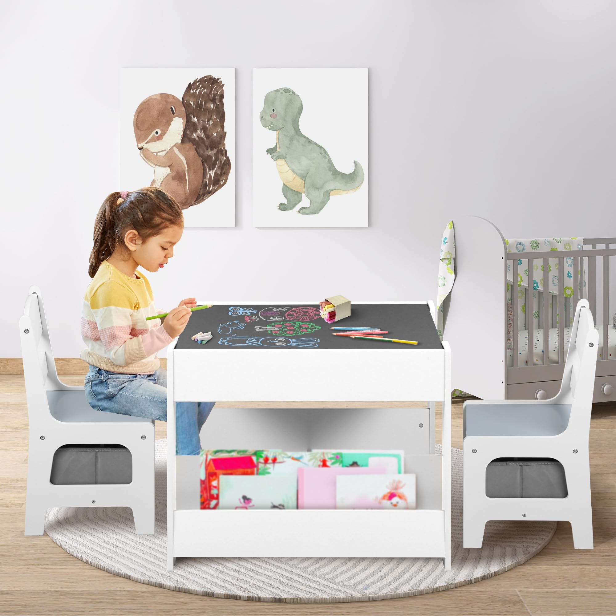 Kids Wood Table & 2 Chairs Set, 4 in 1 Children Activity Table w/Double Bookcase,