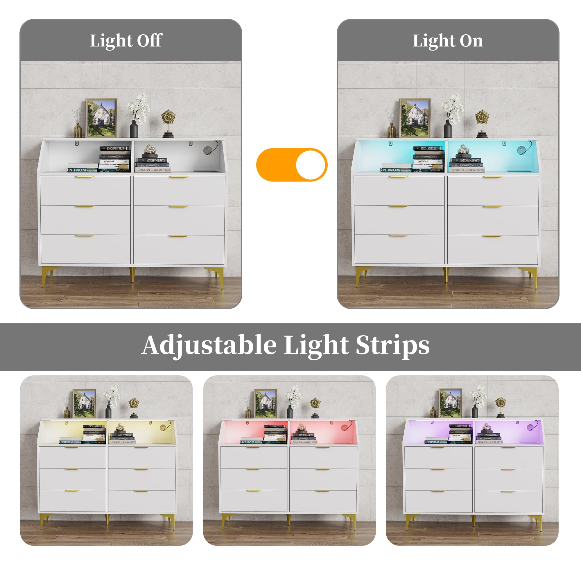 6 Drawer Dresser with Charging Station and LED Lights