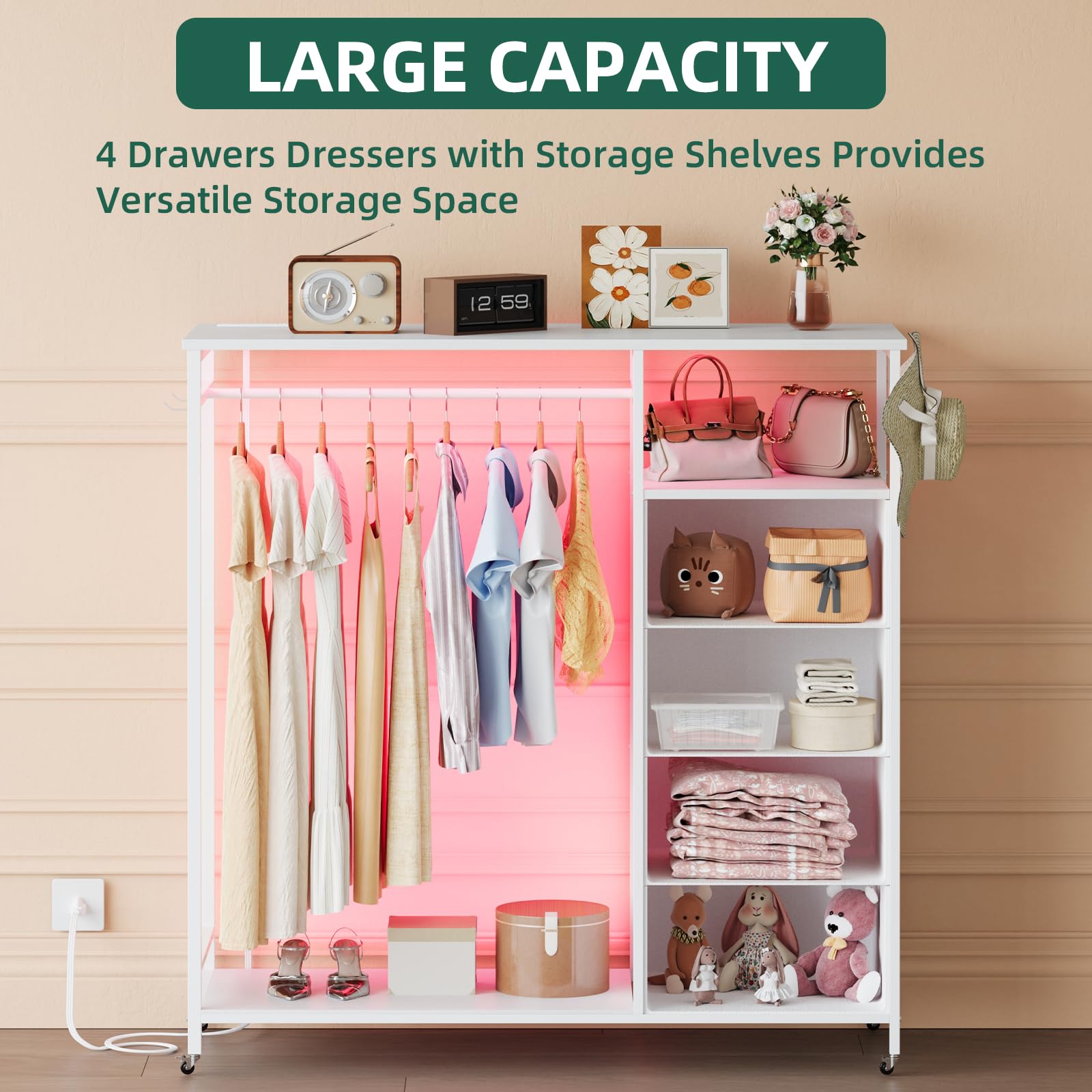 Tall Dresser with Clothes Rack LED Lights and Charging Station