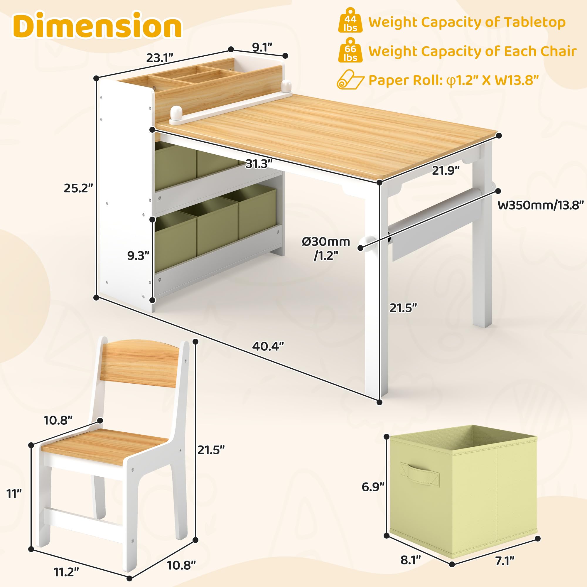 Kids Art Table and Chair Set with Storage Bins and Paper Roll
