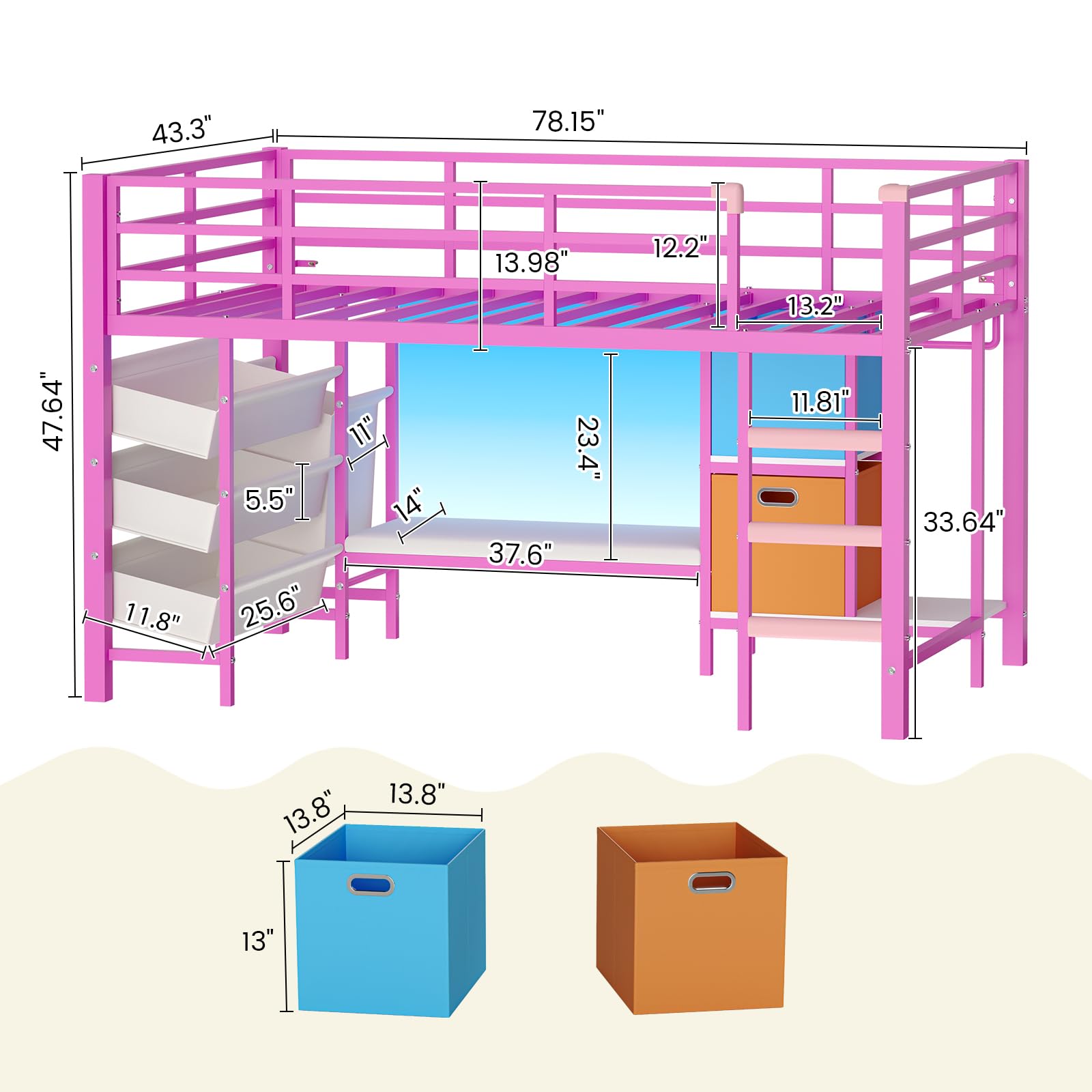 Low Twin Loft Bed with Reading Corner LED Lights Storage Pink