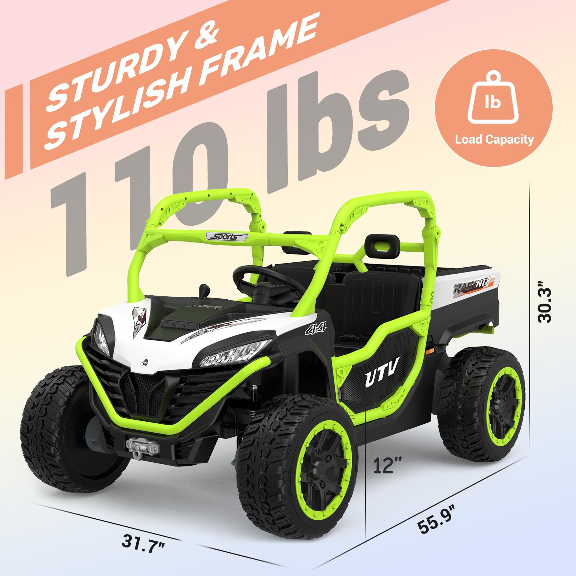 ANPABO 24V 2 Seater Ride On Dump Truck, 4x75W, Max 5 Mph, EVA Tire, Kids Electric Car with Electric Dump Bed, Shovel, Music, 24V Ride On Toy UTV w/Parent Remote Control for Ages 3-8, Green