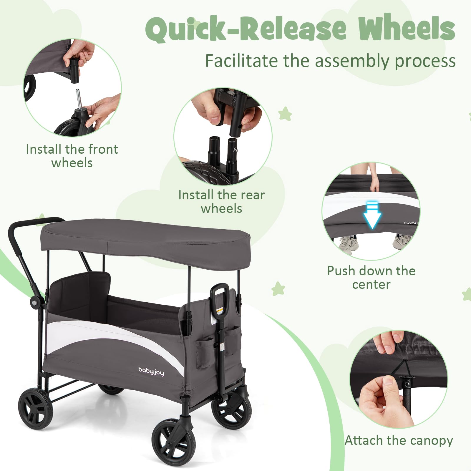 Collapsible Wagon Stroller for 2 Kids with Adjustable Canopy