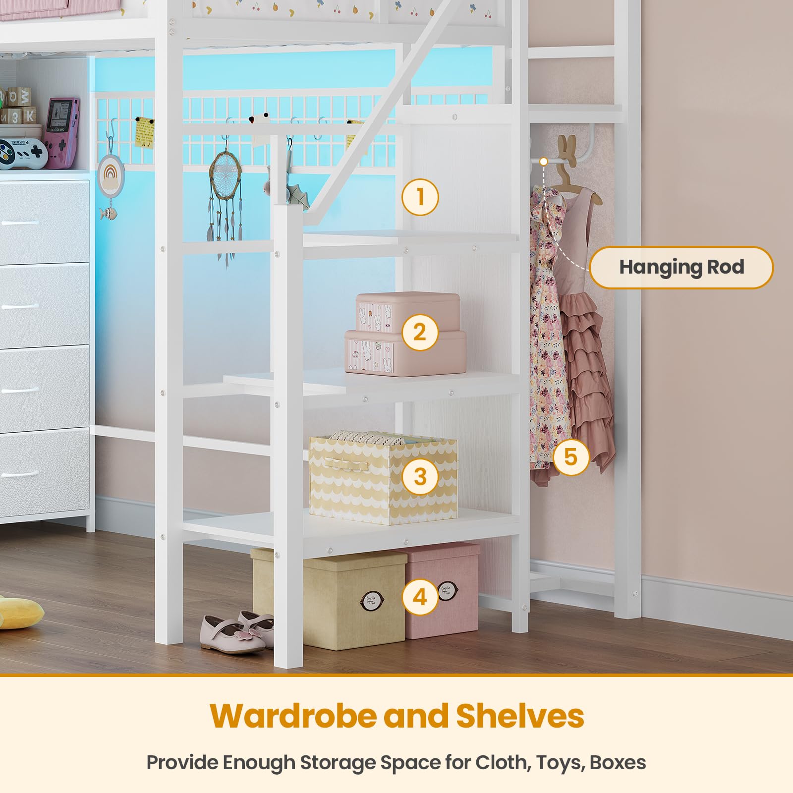 Twin Metal Loft Bed with Storage Stairs and LED Lights