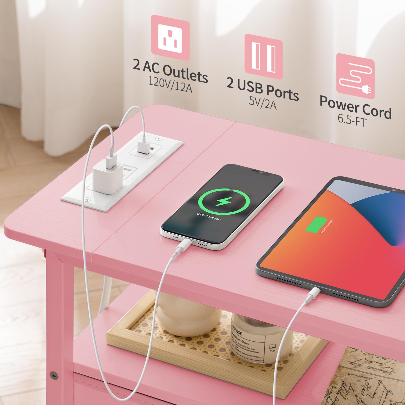 LED Nightstand with Charging Station and Fabric Drawers