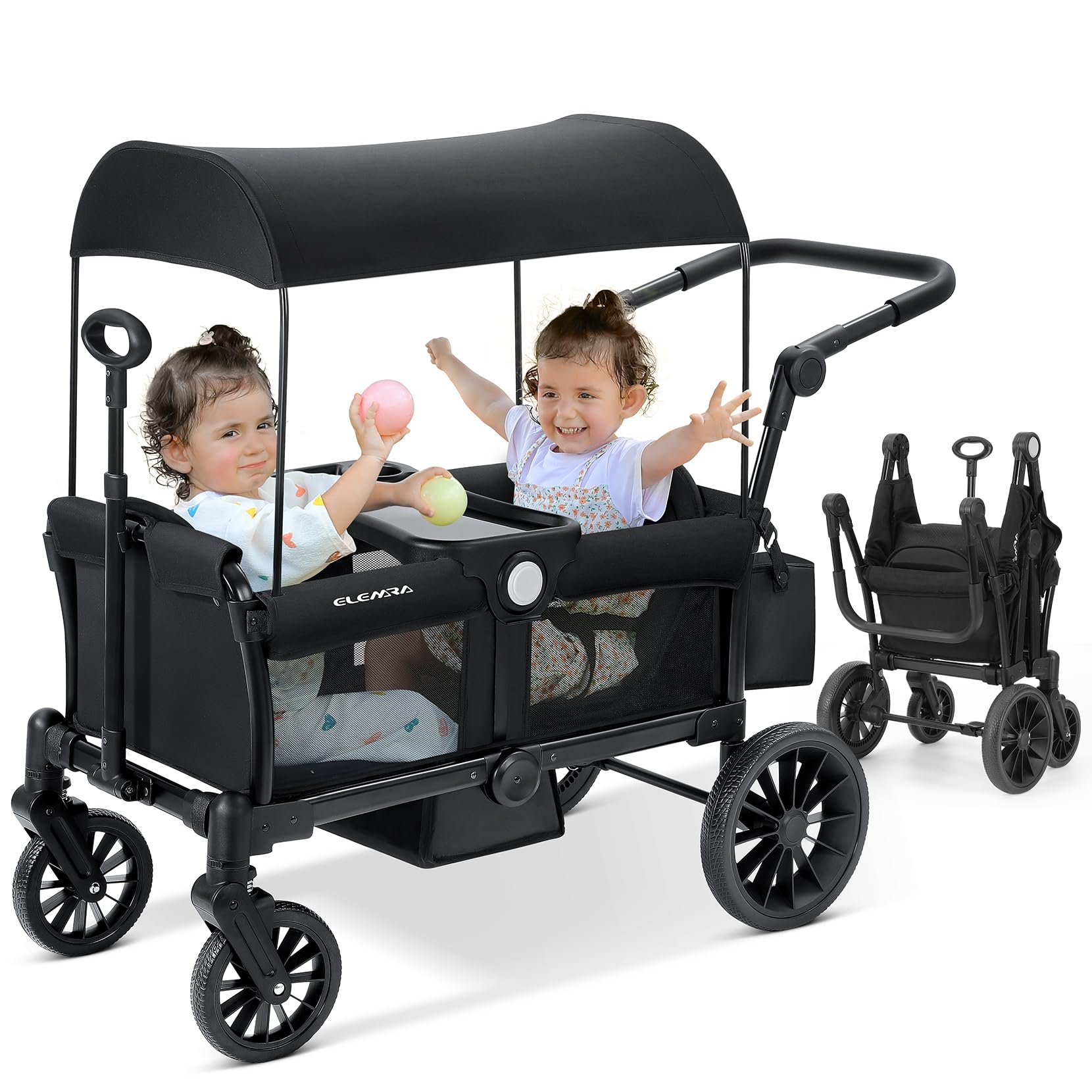 ELEMARA Wagon Stroller for 2 Kids, Premium All-Terrain Stroller with Canopy, Adjustable Push/Pull Handle Bar, Comfortable drop-down footwell and Upholstered Seats, Black