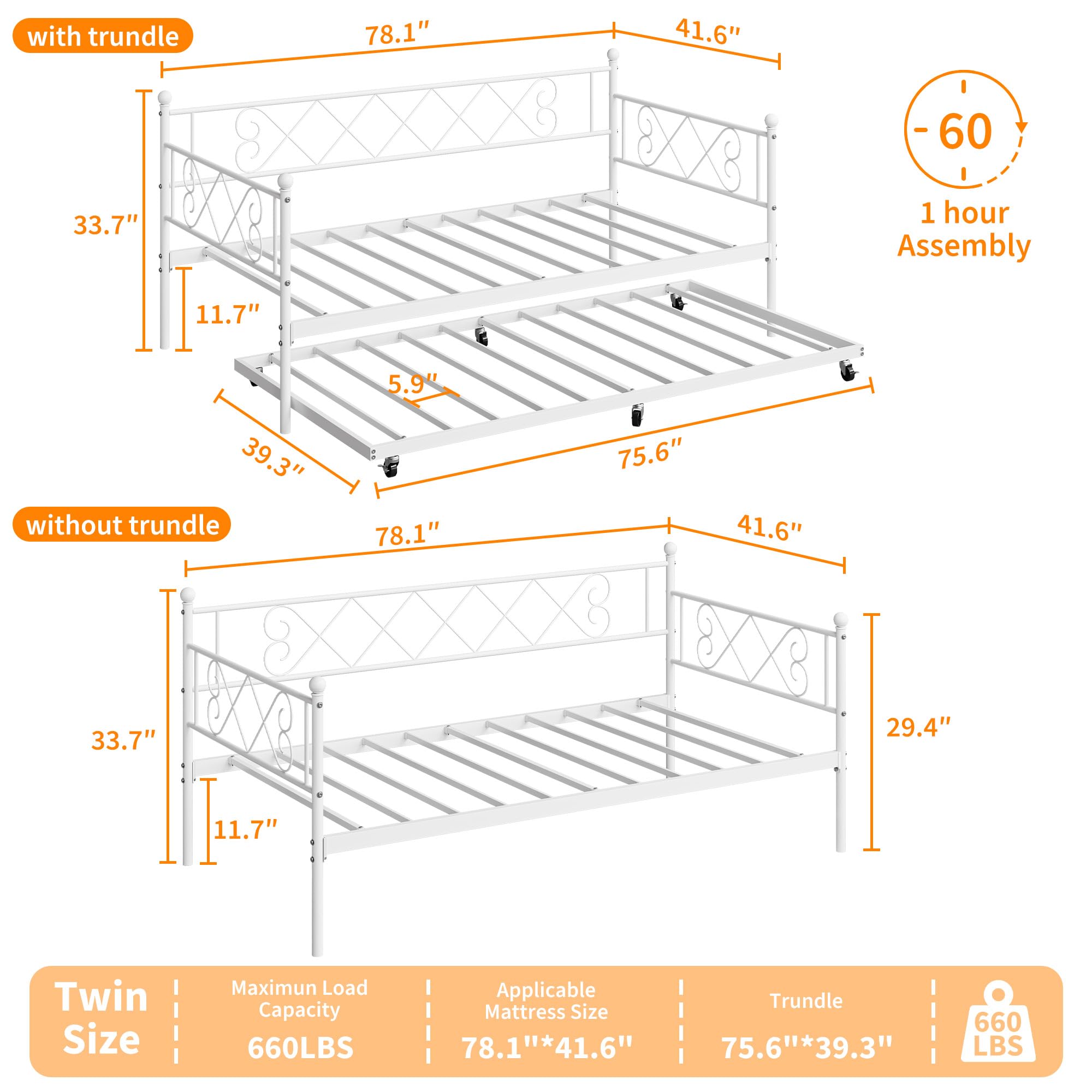 Twin Metal Daybed with Trundle and Steel Slat Support