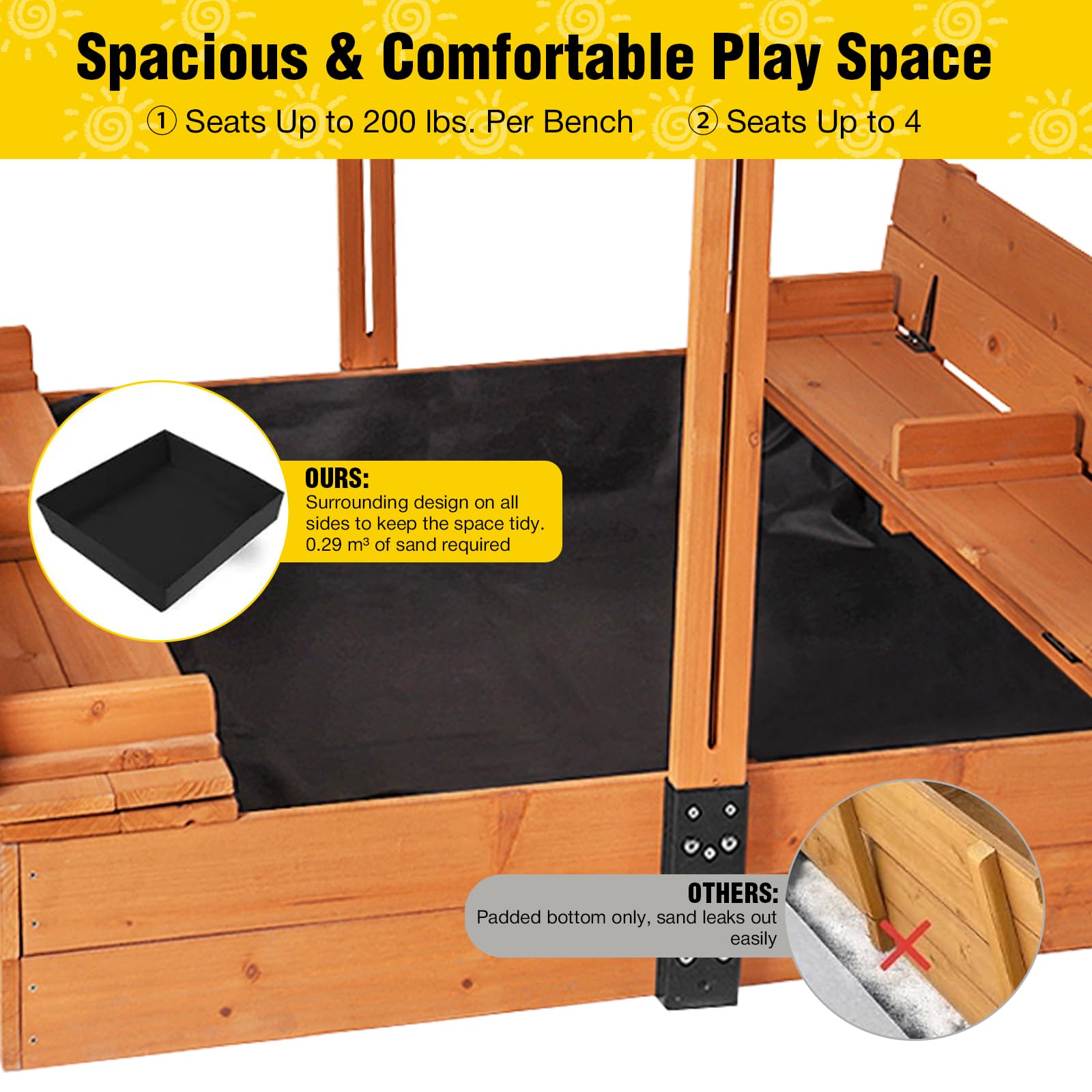 Wooden Sandbox with Canopy and Foldable Bench Seats