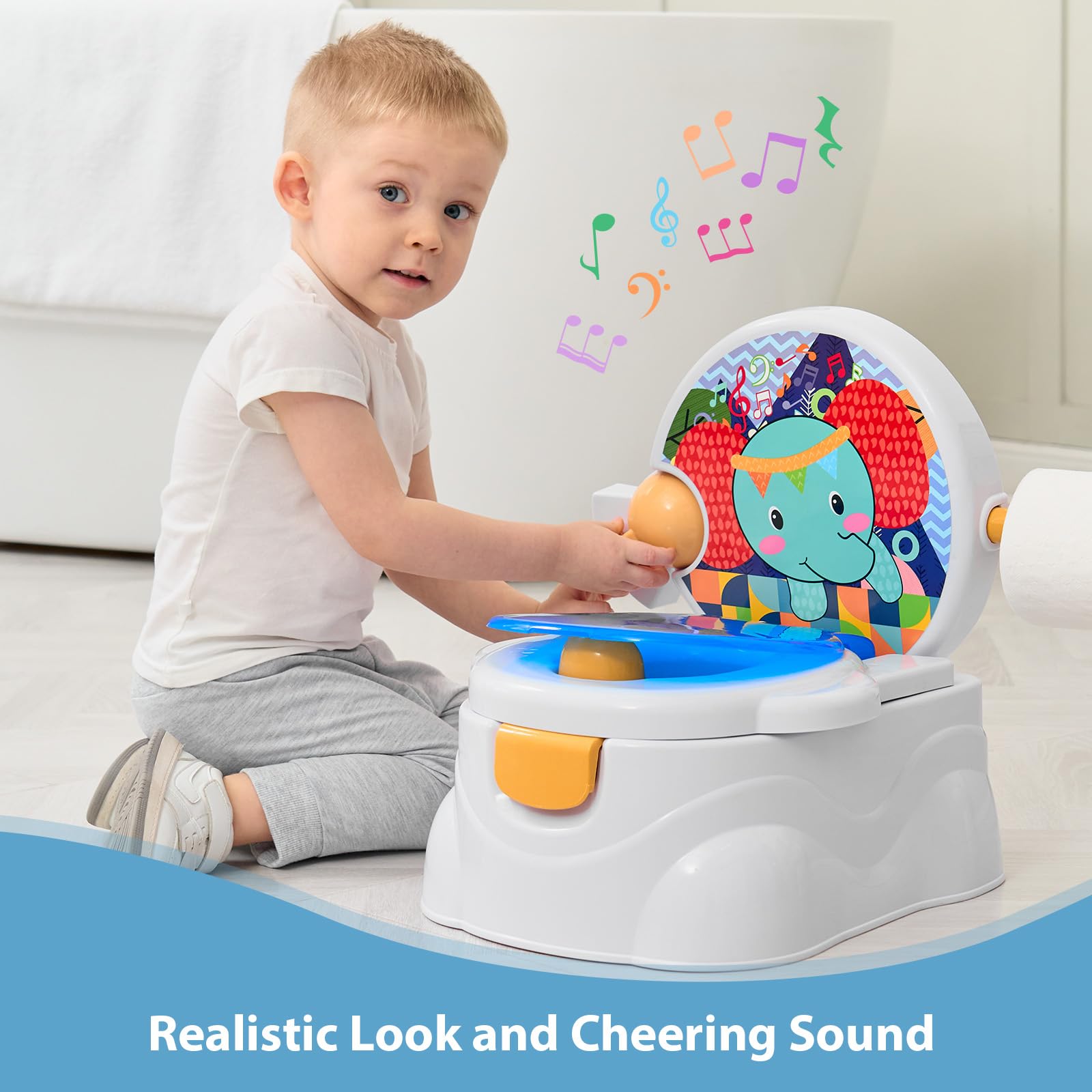Looxii Potty Training Toilet, 2-in-1 Toddler Potty for Boys Girls Ages 1-3, Portable Training Seat with Toilet Paper Holder & Cheering Sound, Cute & Realistic Feel, Up to 50 Pounds,Elephant Blue