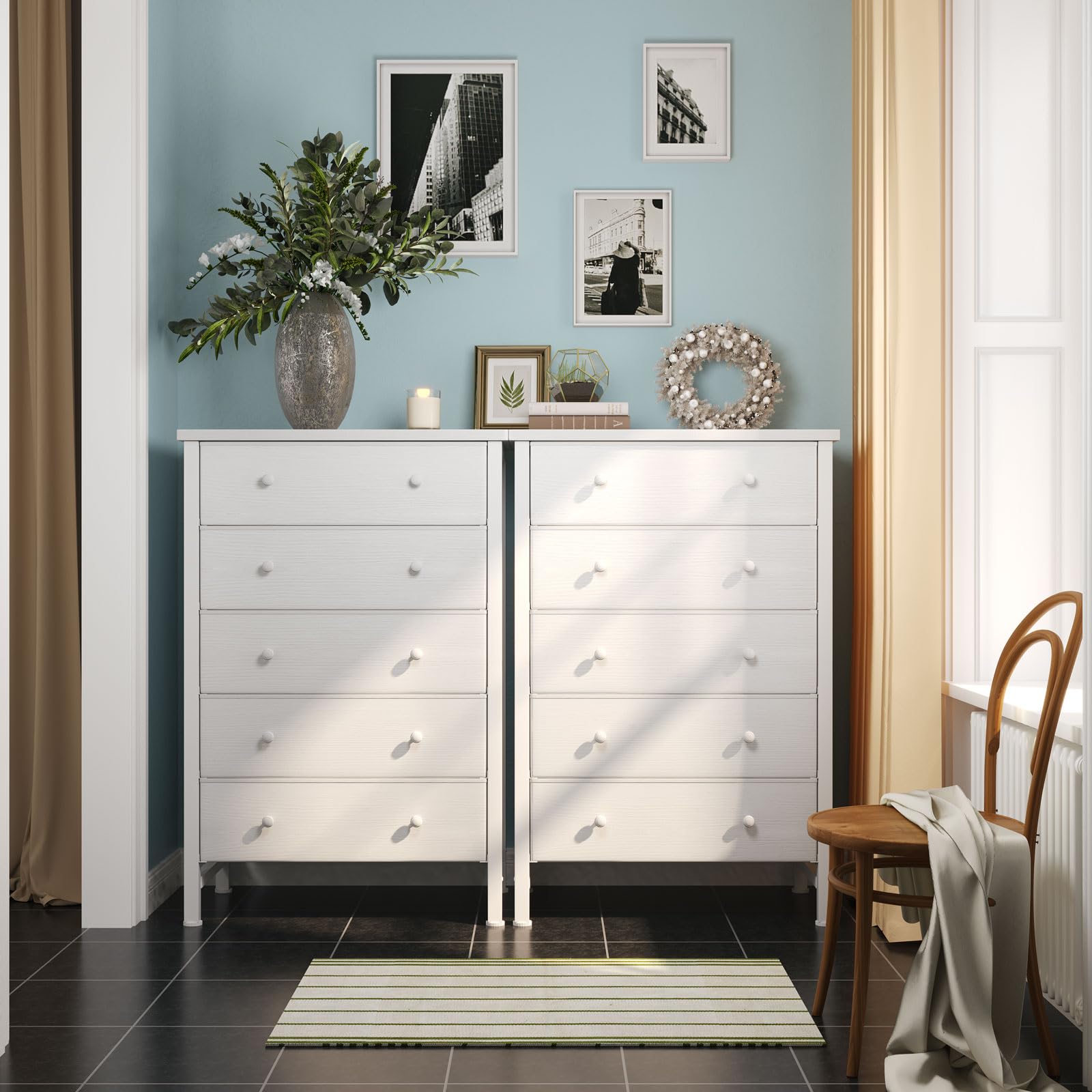 5-Drawer Fabric Dresser with Wood Grain Top
