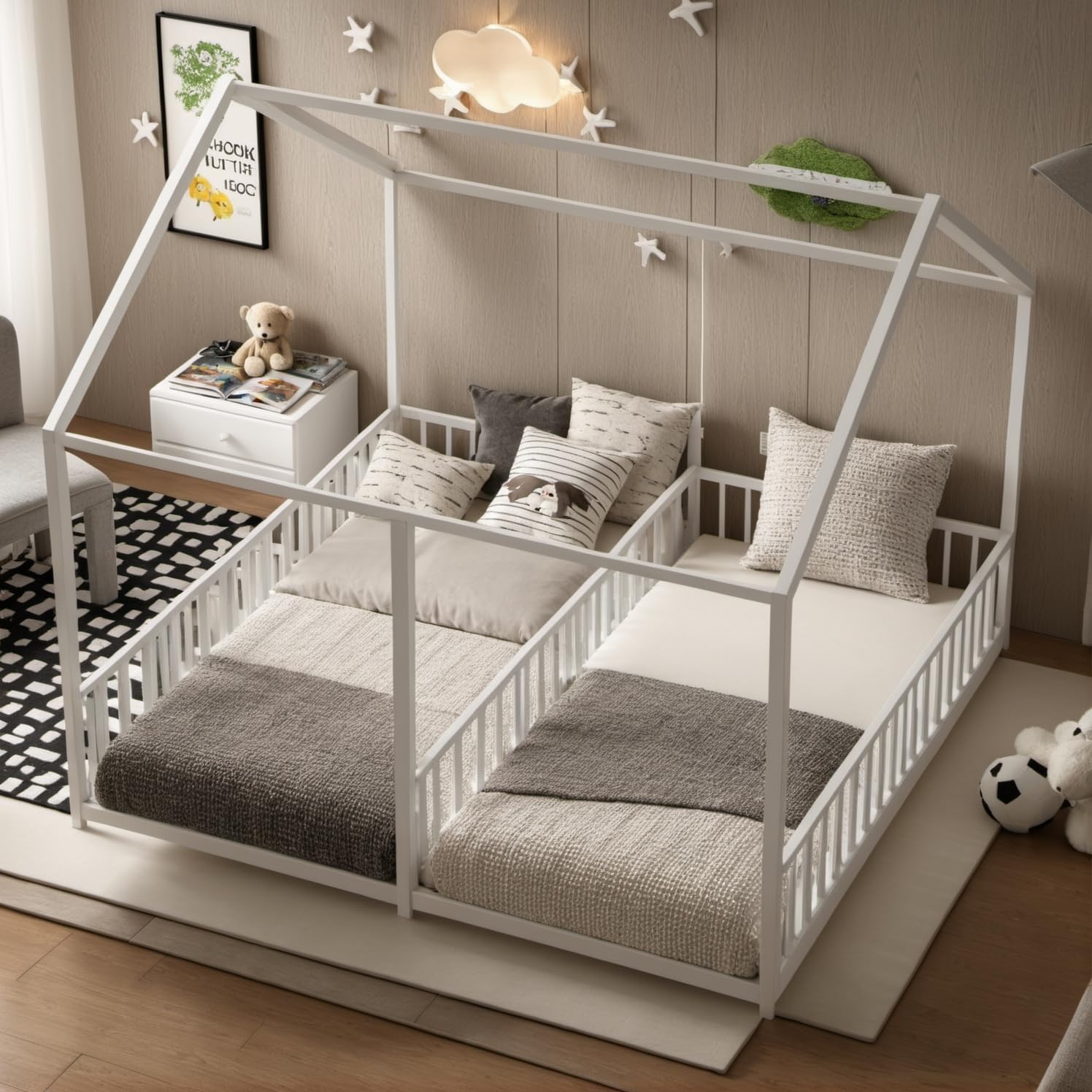 Double Montessori Floor Bed with Fence & Roof for Two Kids Teens Boys Girls