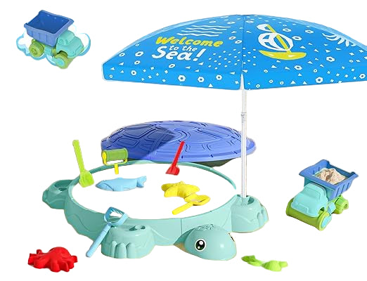 Upgraded Kids Turtle Sandbox with Lid & Adjustable Umbrella, Truck Toy & 8pcs Sand Shovels, Sand Box with Cover, Beach Toys for Toddlers 3-5, Plastic Indoor Outdoor Play Toys Gift for Girls Boys