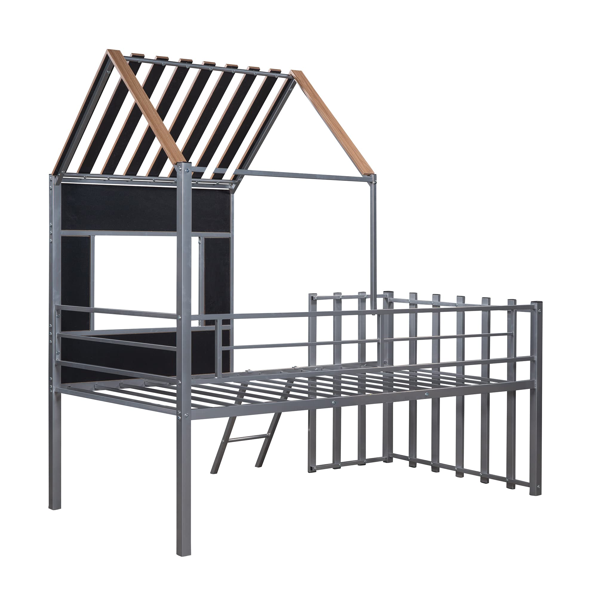 Metal House Loft Bed Twin Size with Guardrail and Ladder