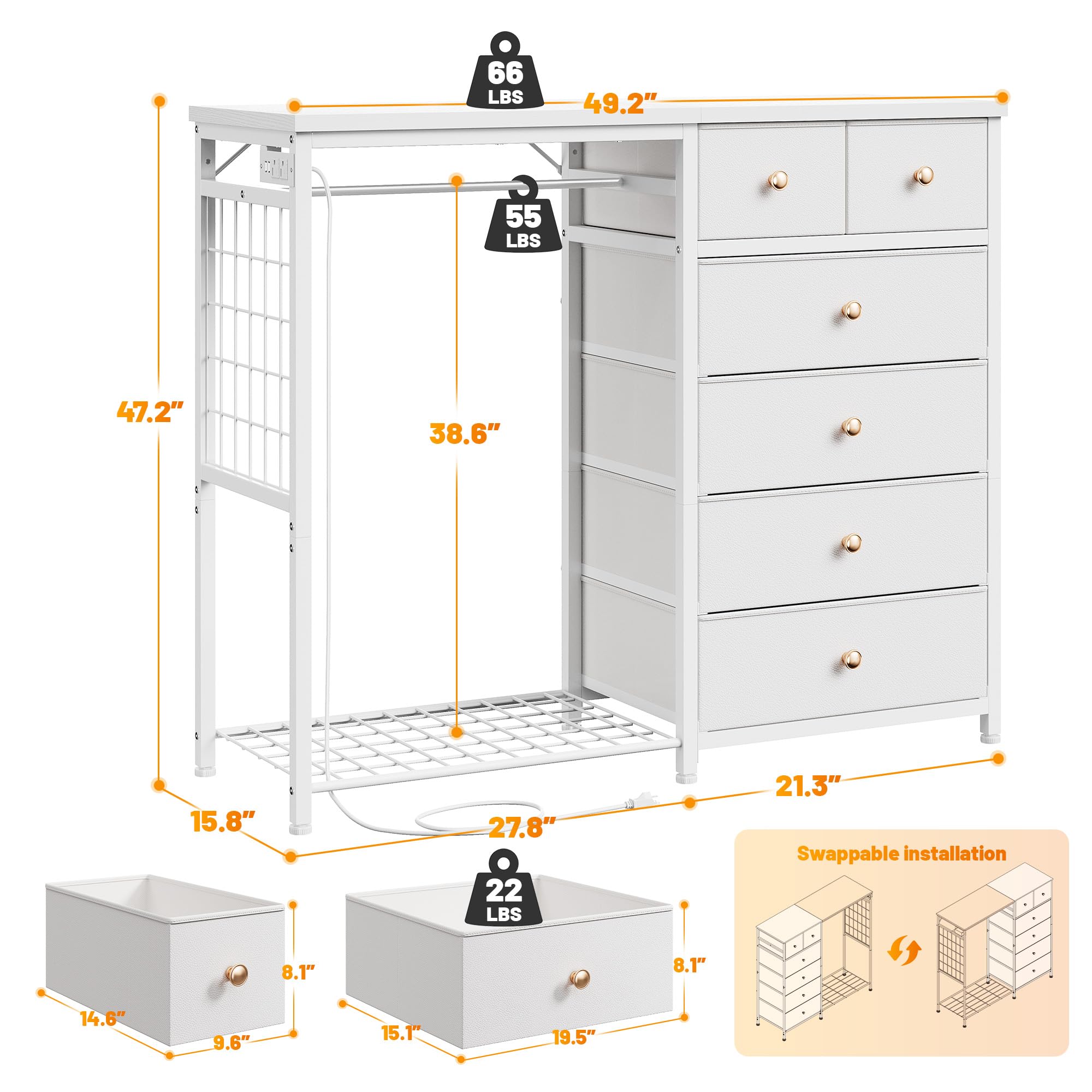 Dresser with Hanging Rack LED Lights Charging Station