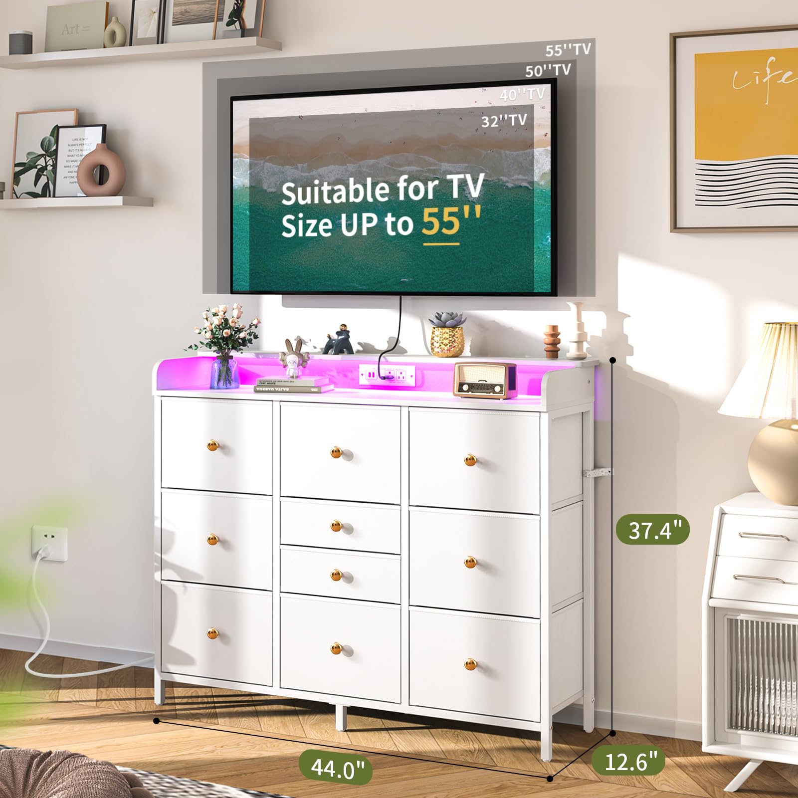 10-Drawer Dresser with Charging Station and LED Lights