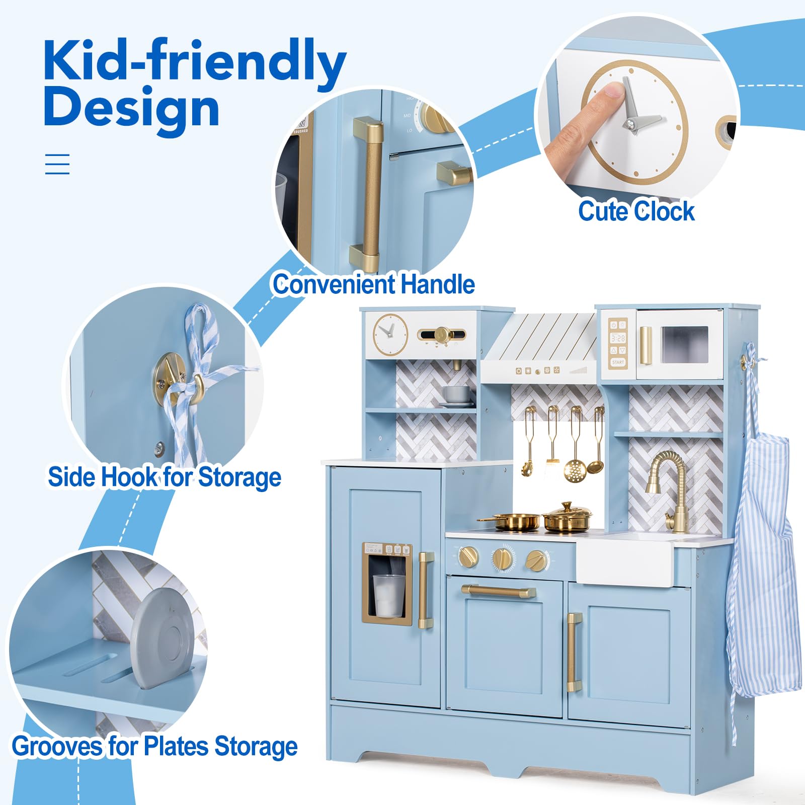 BRINJOY Play Kitchen for Kids, Wooden Children Kitchen Playset w/Coffee Maker, Oven, Stove, Sink, Apron, Ice Maker, Cookware, Kids Toy Kitchen Set for Toddler Girls Boys Pretend Play Toy Gift Ages 3+