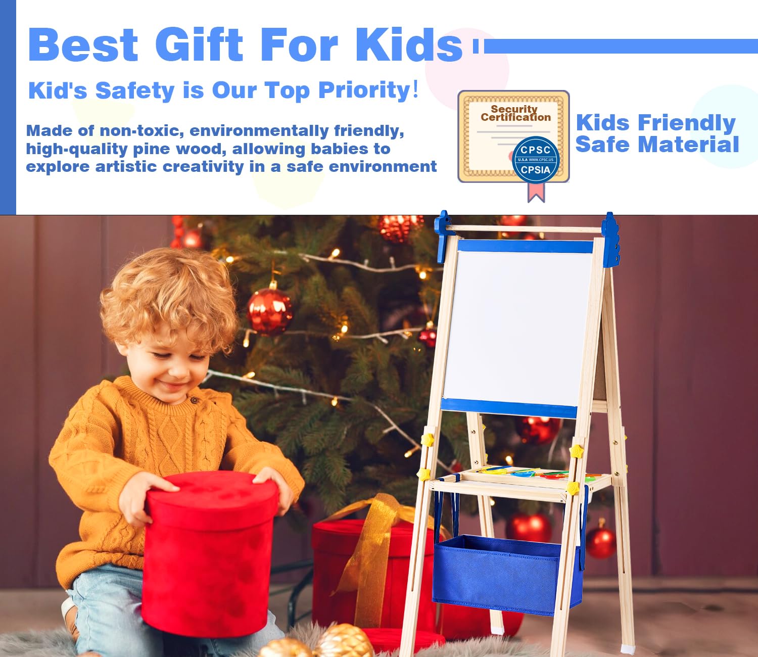 Art Easel for Kids - Adjustable Wooden Double-Sided Magnetic Whiteboard and Chalk Board with Paper Roll, Including 100+ Drawing Accessories - Foldable Painting Birthday Gifts for Boys Girls Ages 3-12