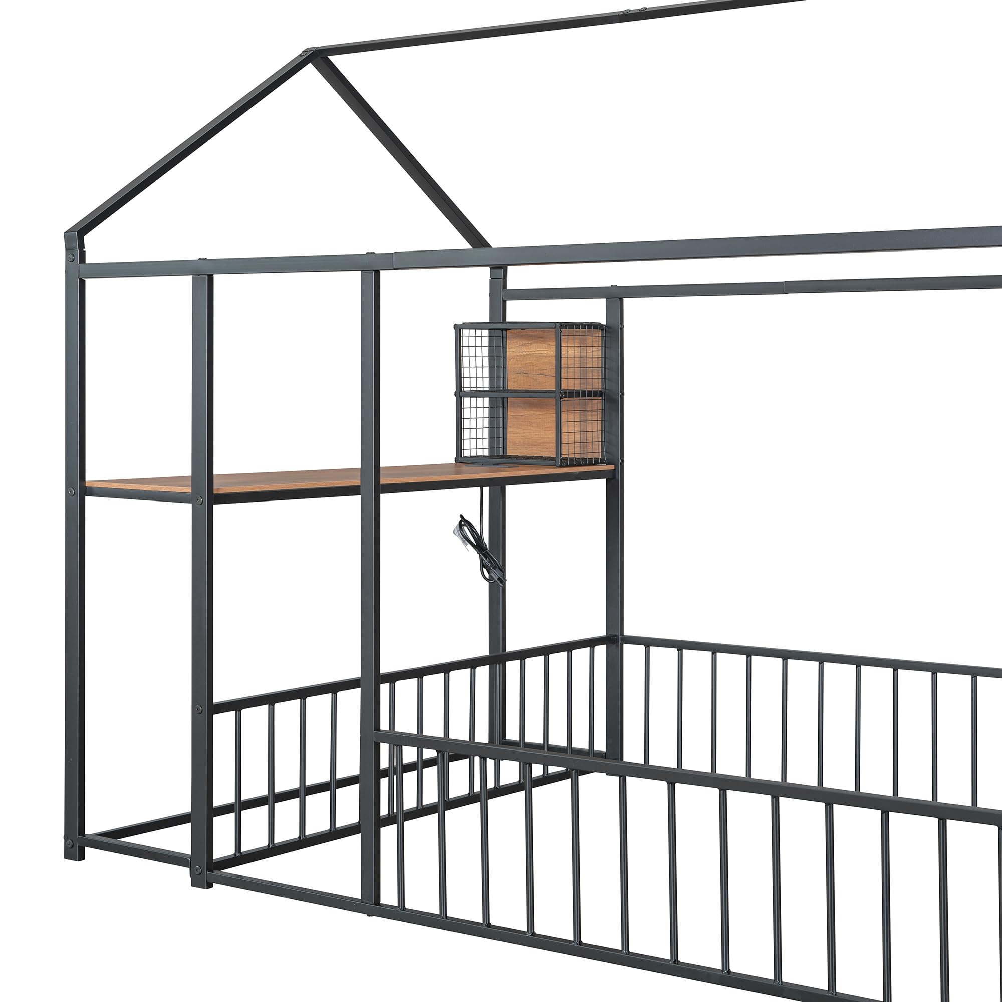 Full Size Metal House Bed with Desk and Guardrails
