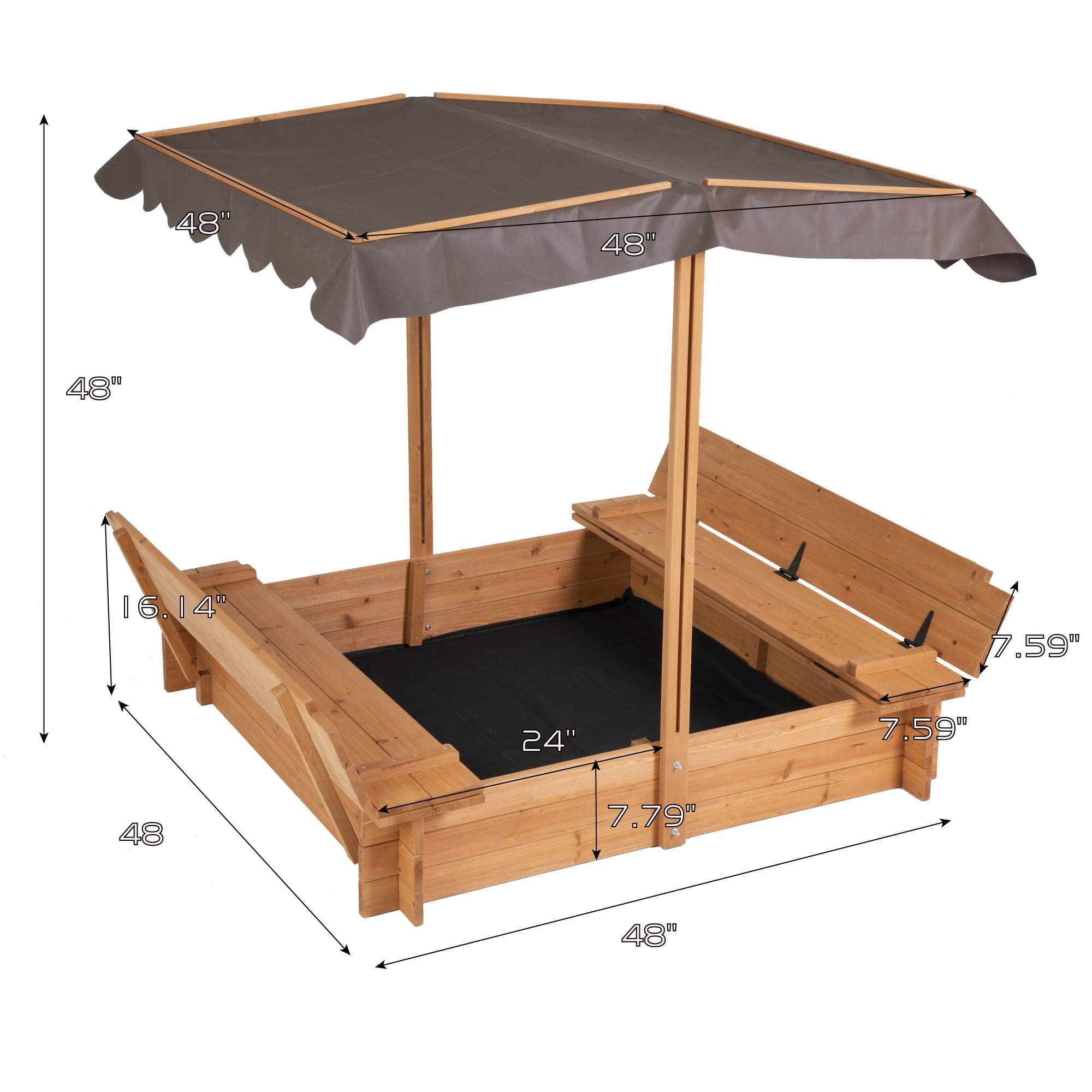 Wooden Sandbox with Canopy Cover and Bench Seats