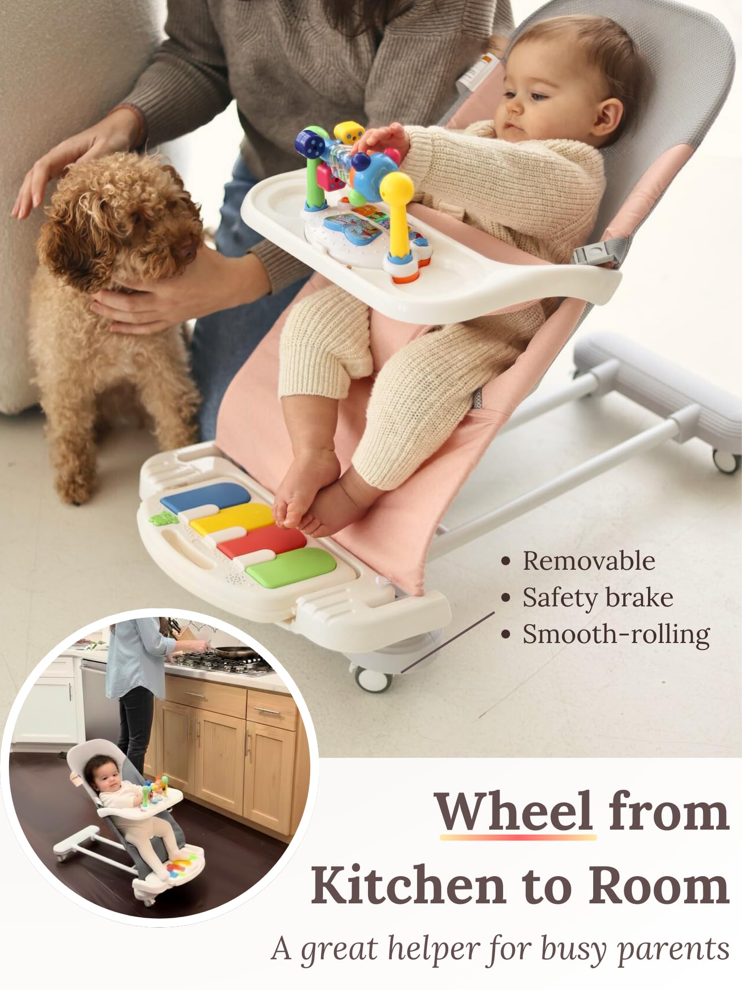 4-in-1 Baby Bouncer with Wheels and Piano Tray