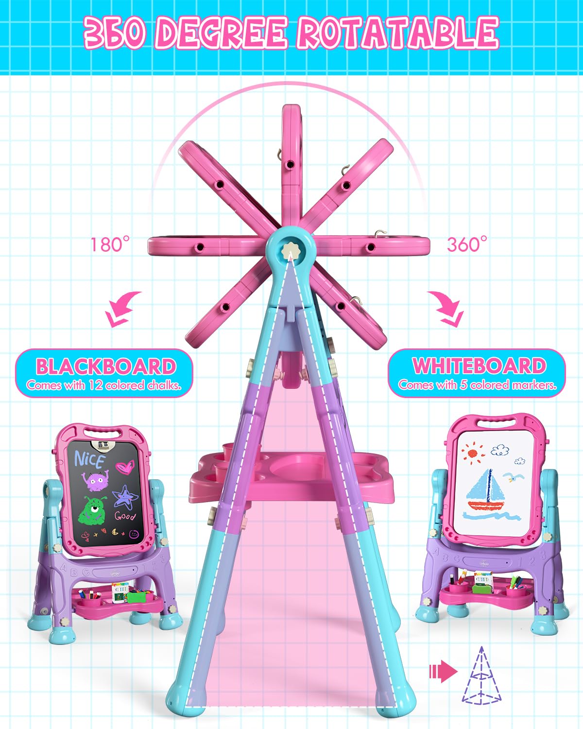 4-in-1 Double Sided Kids Art Easel with Magnetic Whiteboard and Chalkboard