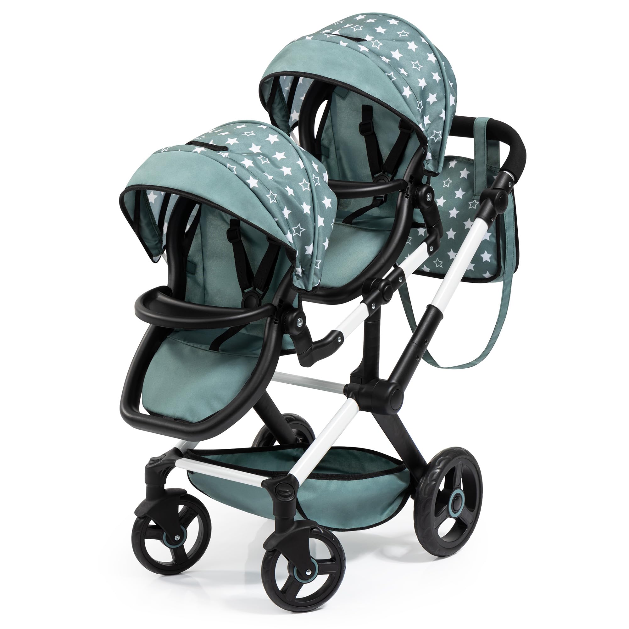 Pram Xeo Twin - Green & White Stars - Seats 2 Dolls Up to 18", Shoulder Bag