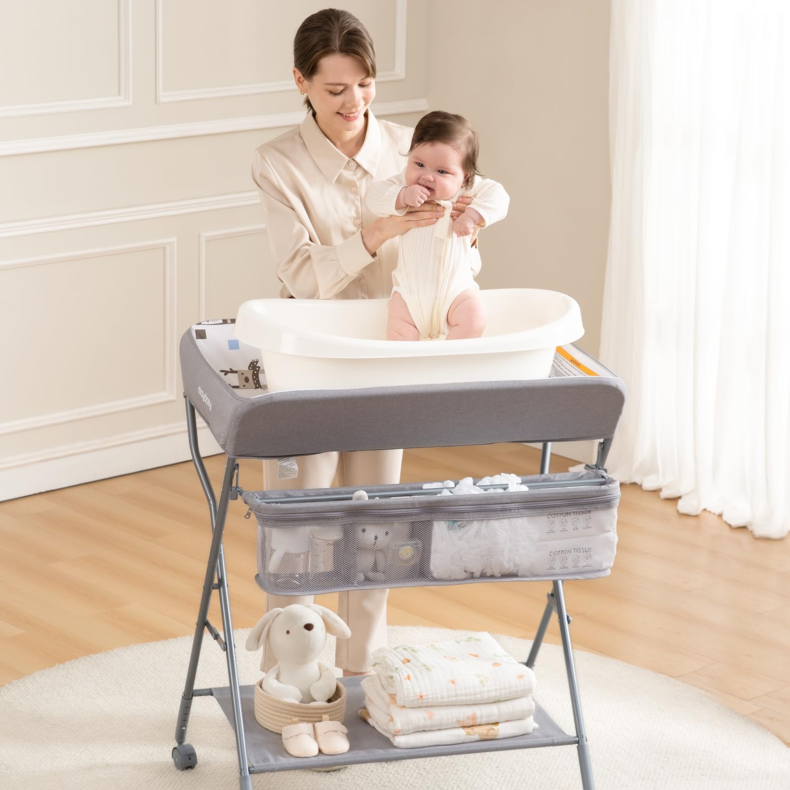 Adjustable Height Baby Changing Table with Wheels