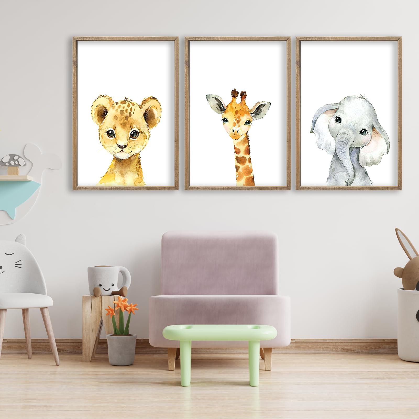 Nursery Wall Art Decor 11x16 Inch Set of 3 Wood Framed Cute Animal