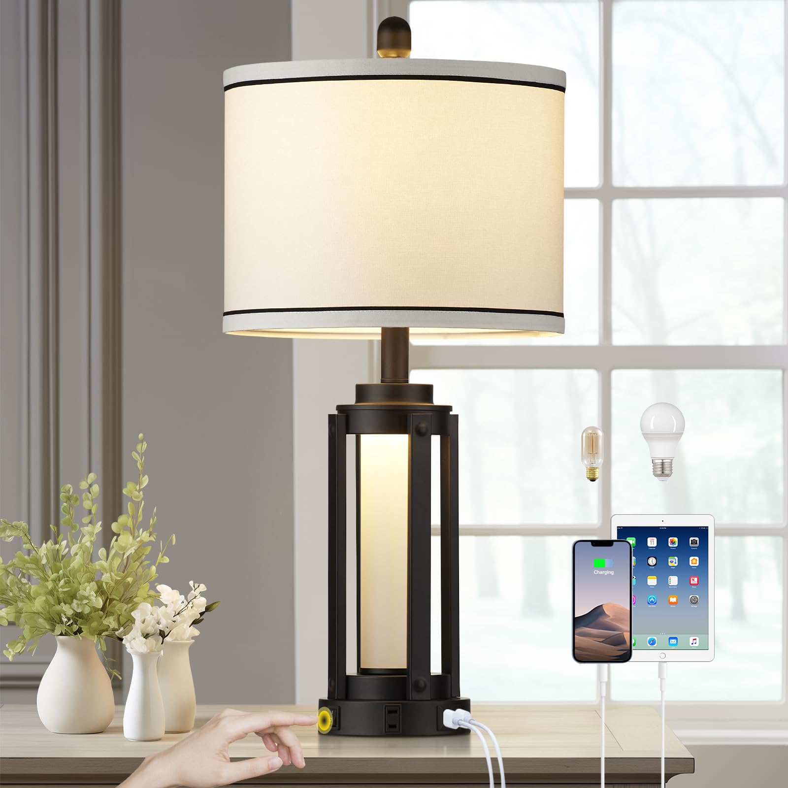 26" Modern Table Lamp with USB A+C Charging Ports & AC Outlet