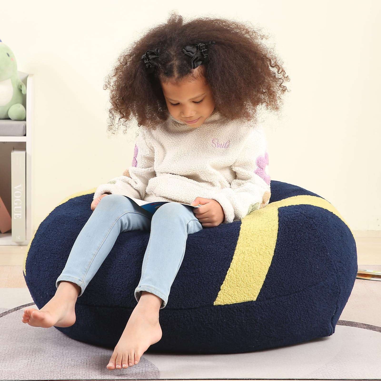 Football Bean Bag Chair for Kids, Cuddly Sherpa, 2.5 feet, Dark Blue