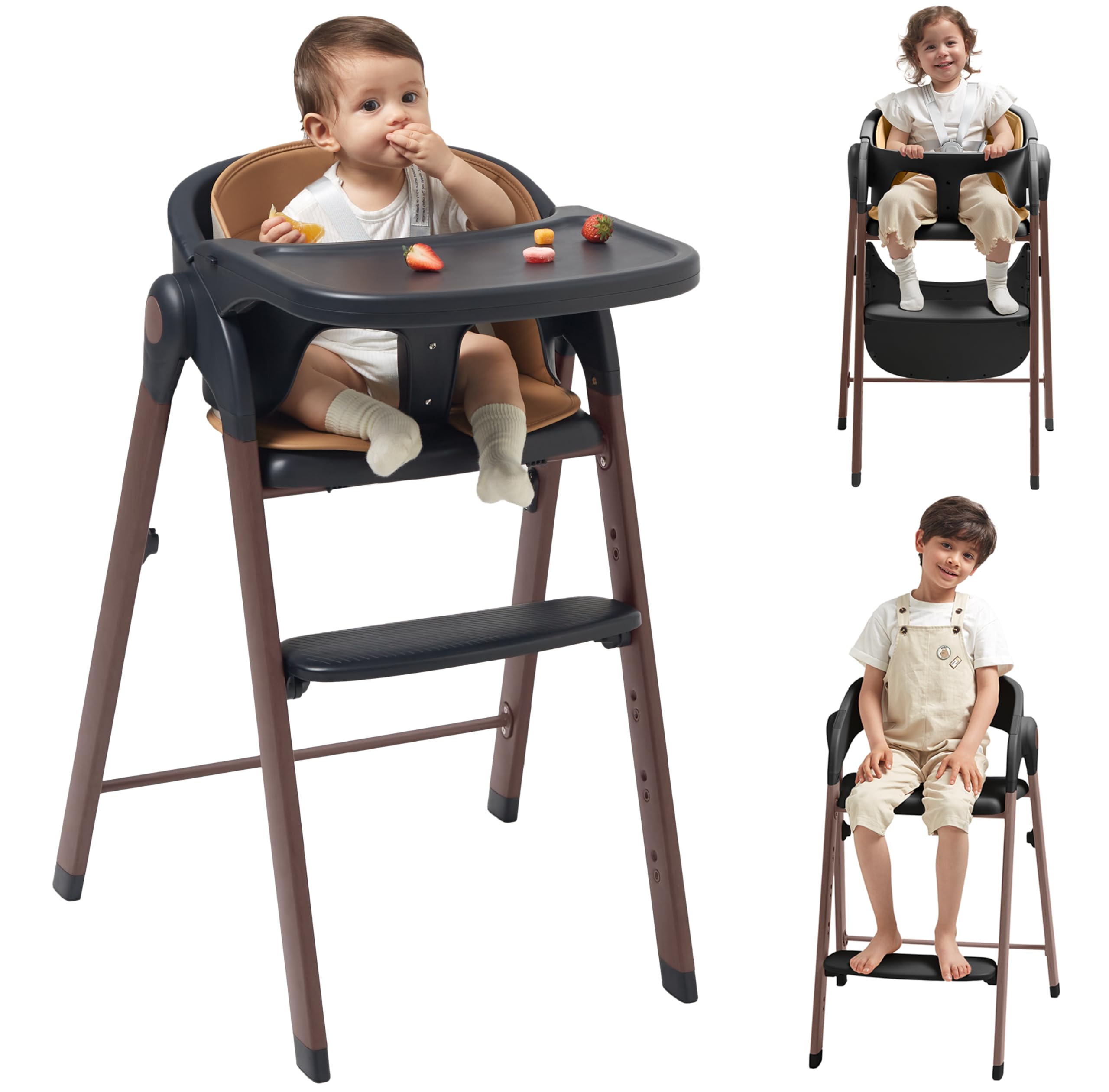 Adjustable Foldable High Chair with Wood-Printed Metal Frame and Removable Tray