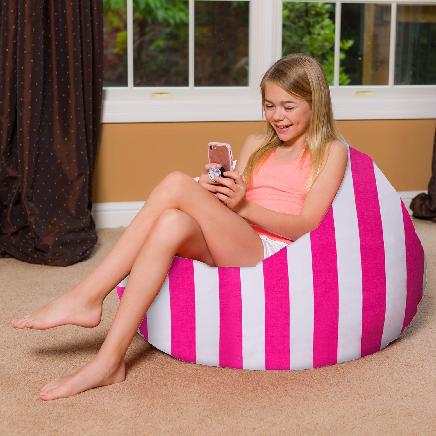 Large Bean Bag Chair with Removable Washable Cover - Pink White Canvas Stripes