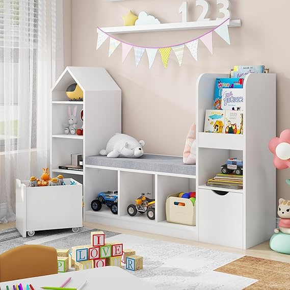 Kids Bookcase and Bookshelf with Reading Nook, Toy Storage Organizer