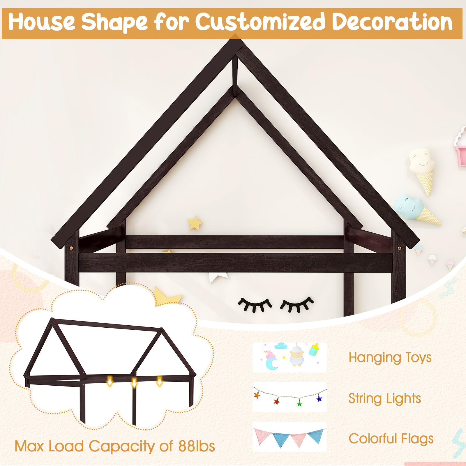 Twin House Bed Frame with Canopy for Kids