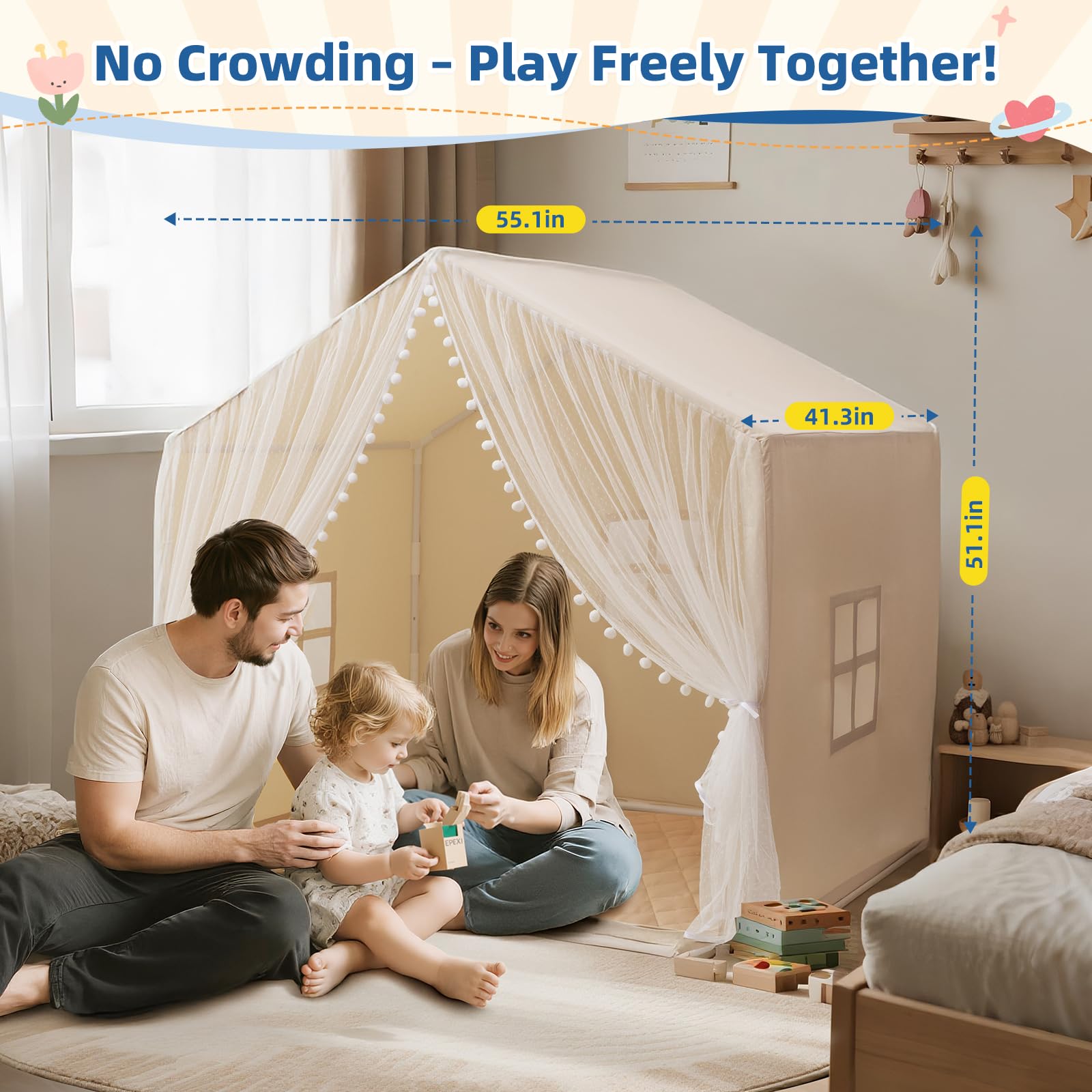Large Kids Play Tent with Padded Mat and Star Lights