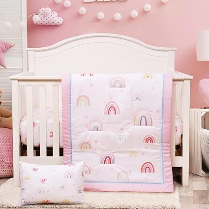 Crib Bedding Set for Girls - Pink Baby Nursery Sets 3 Pieces Quilt Comforter