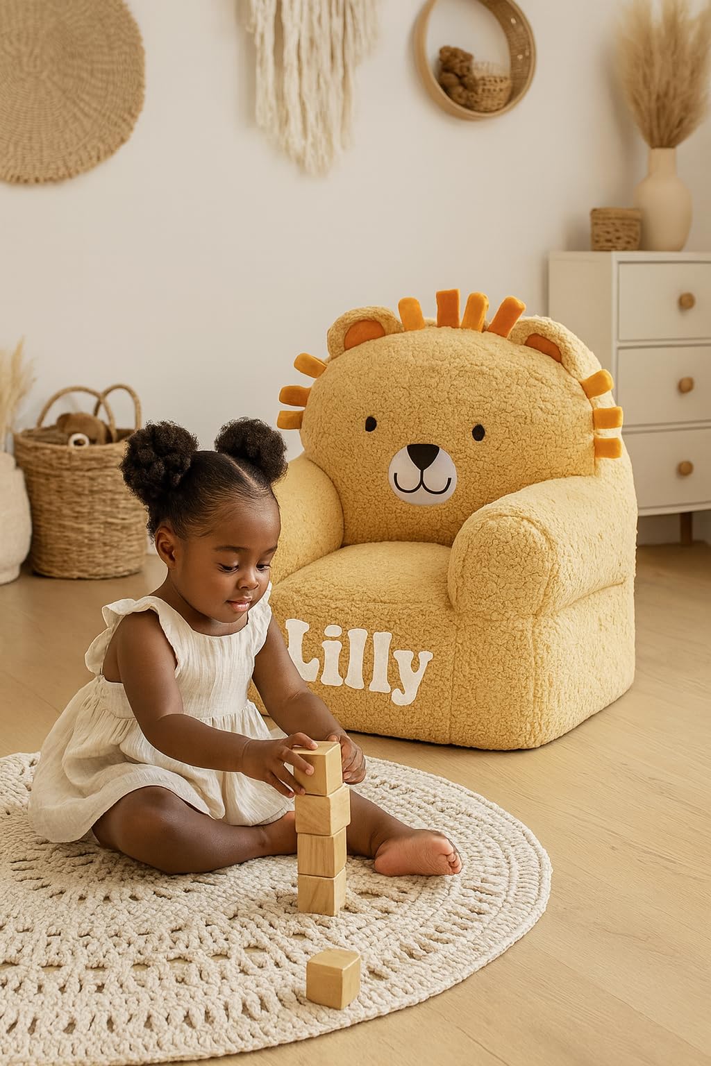 Personalized Lion Kids Chair, Plush Fabric, Custom Name Design, Soft Toddler Seating