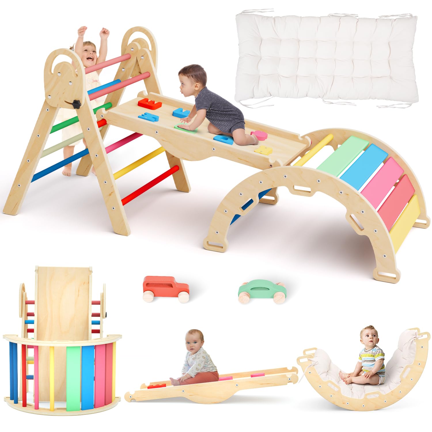 Pikler Triangle Set with Cushion, Montessori Climbing Set, Indoor Climb Toys